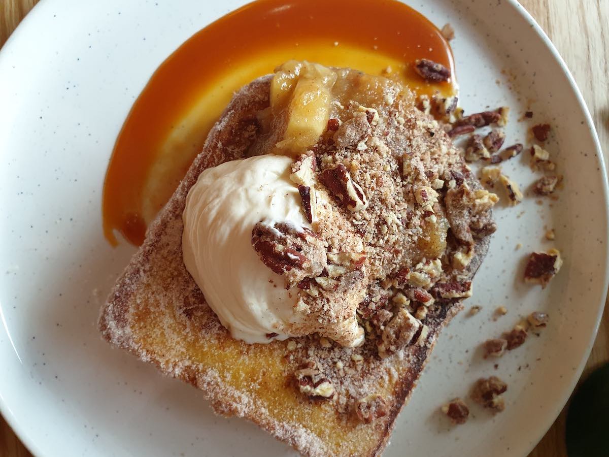 french toast at neighbourhood cafe in Belfast. Covered in sugar and caramel