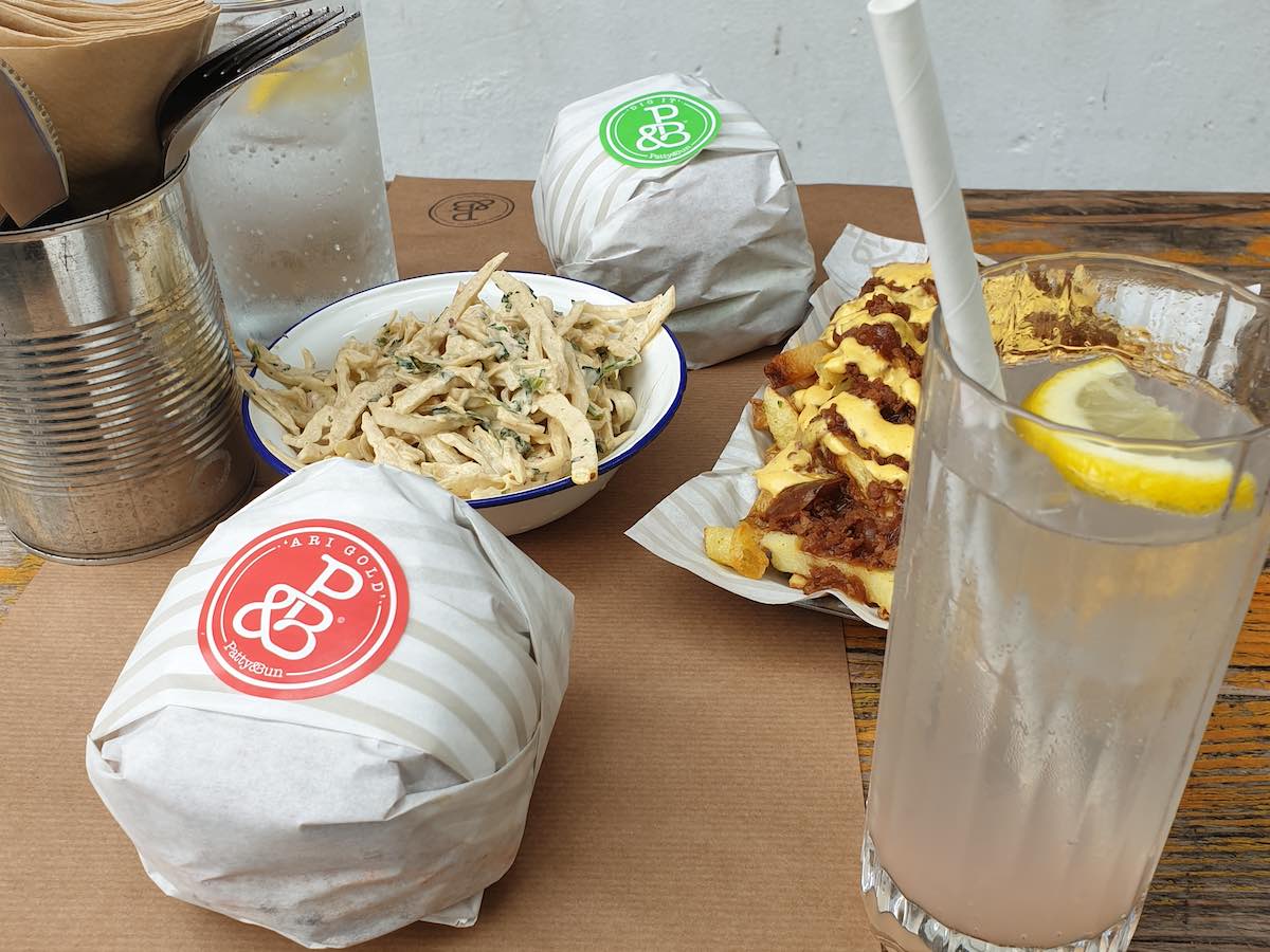 Vegetarian burgers in London by patty and bun with loaded fries