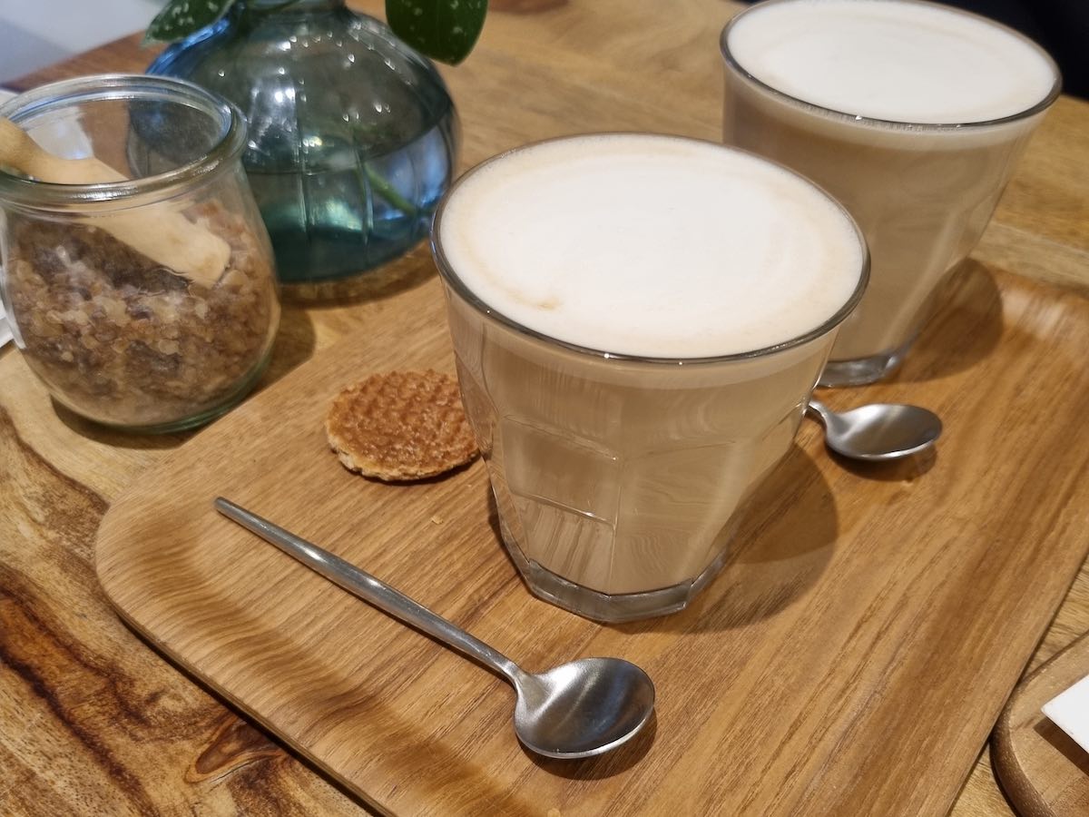 Sangos coffee in Amsterdam. Two lattes with miniature stroopwafel