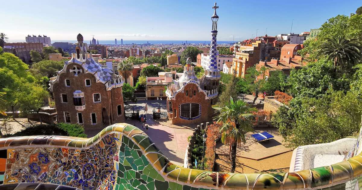 Park Guell in Barcelona with a sea view beyond