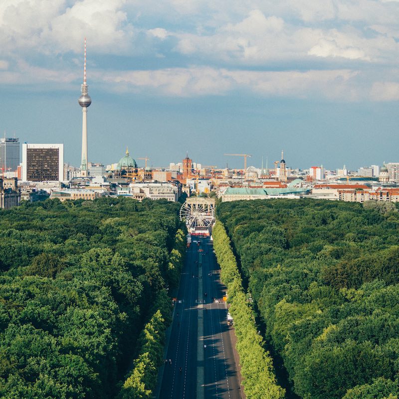 wide shot of Berlin. Green trees