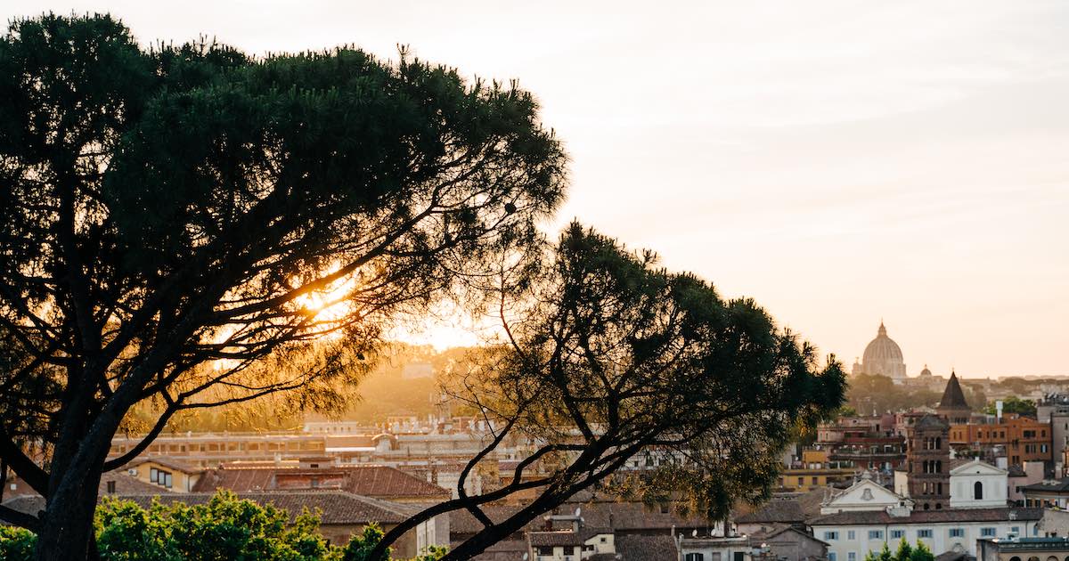 view of sun coming through trees overlooking Rome