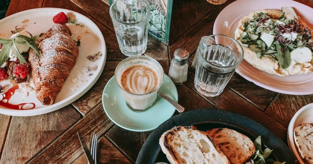 table filled with brunch items.